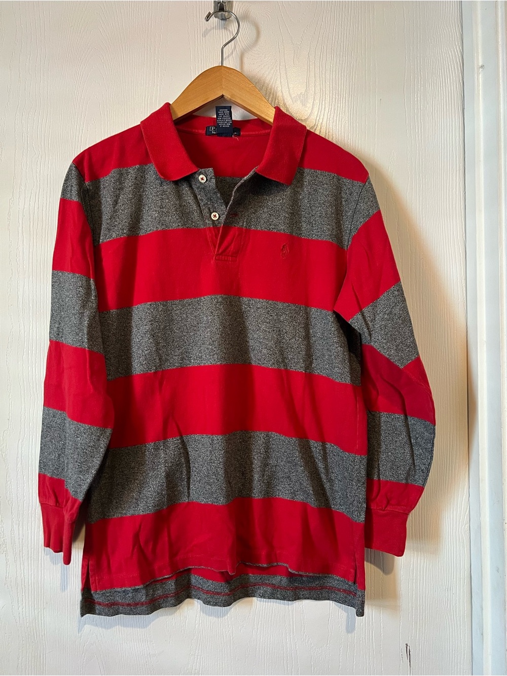 Ralph Lauren  Polo Long Sleeve Striped Collard Shirt Gray Red boys Sz 16/18